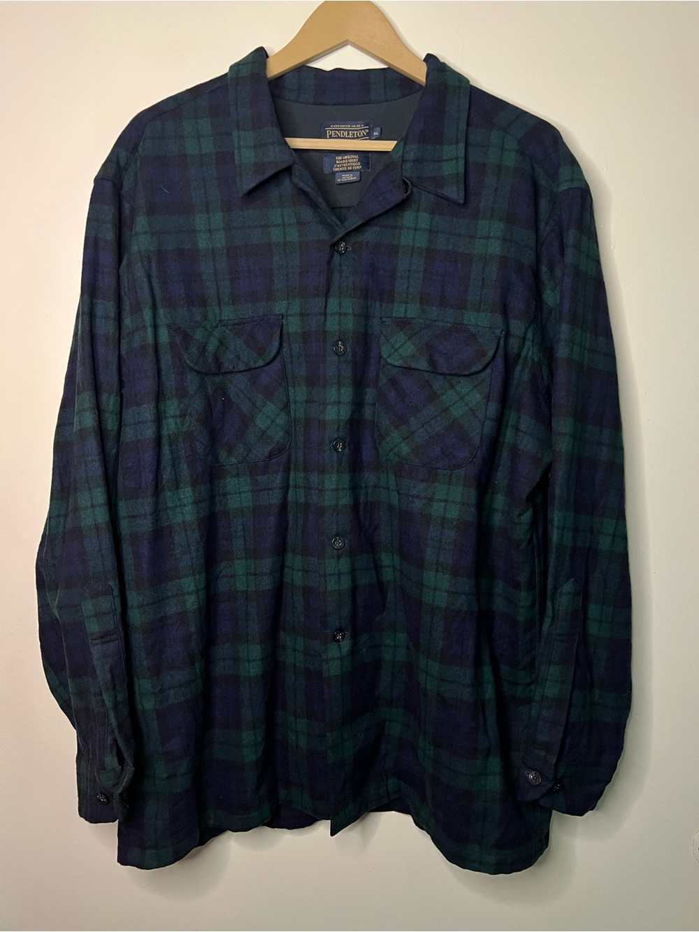 Pendleton Original Board Shirt Green Blue Plaid Wool Button Loop Flannel XL